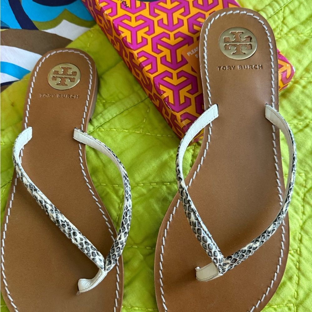 Tory Burch Tan Leather Flip Flop Sandals with Cream Snake-Print Straps